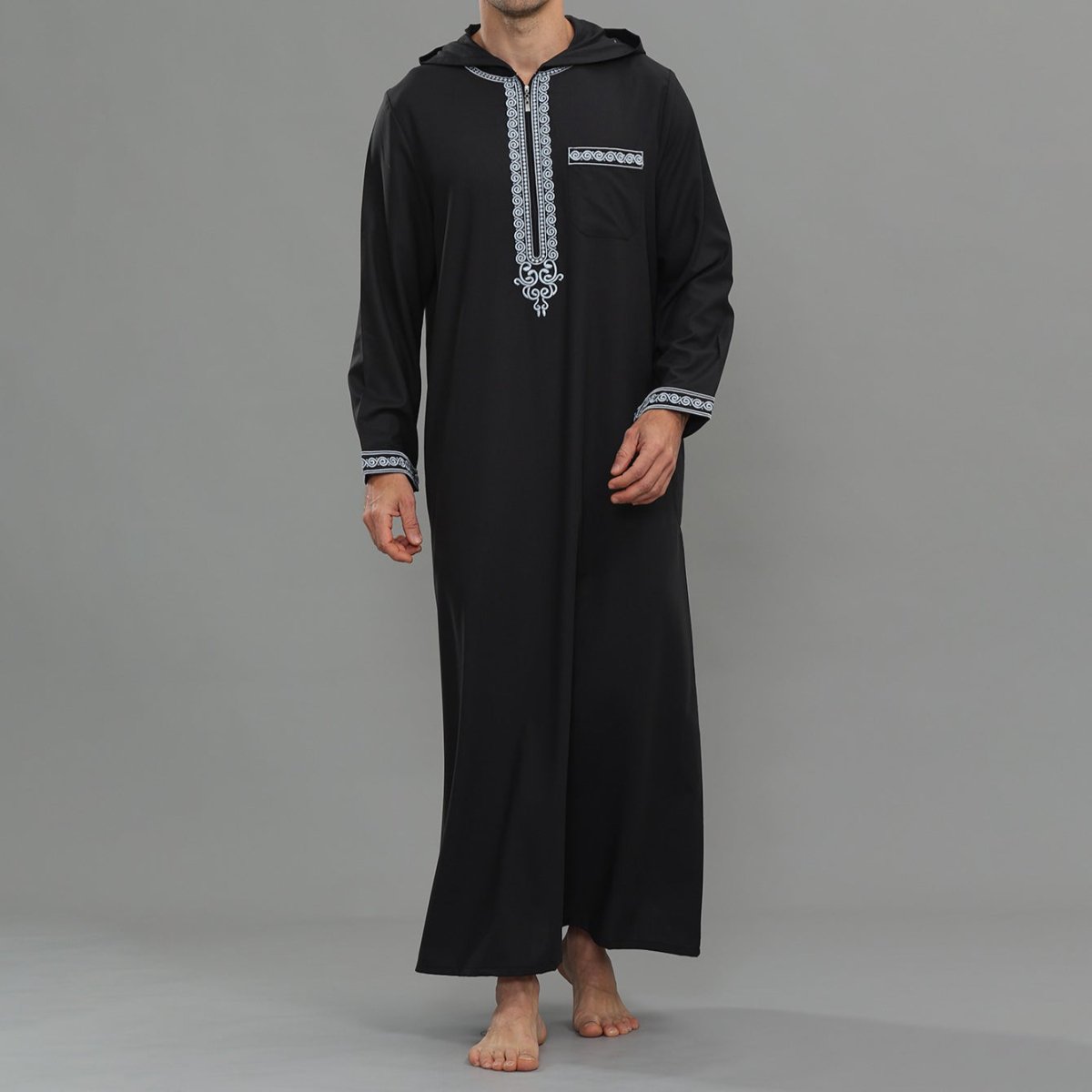 Men's Hooded Embroidered Thobe with Pockets (MT037) - Mariam's Collection