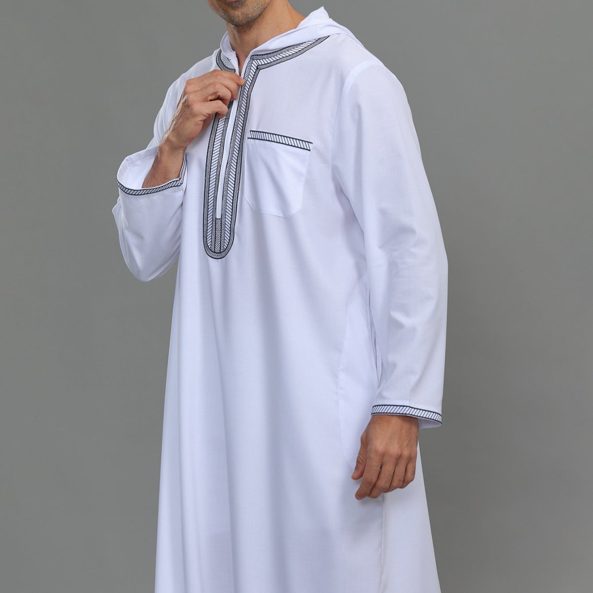 Men's Hooded Embroidered Thobe with Pockets (MT037) - Mariam's Collection