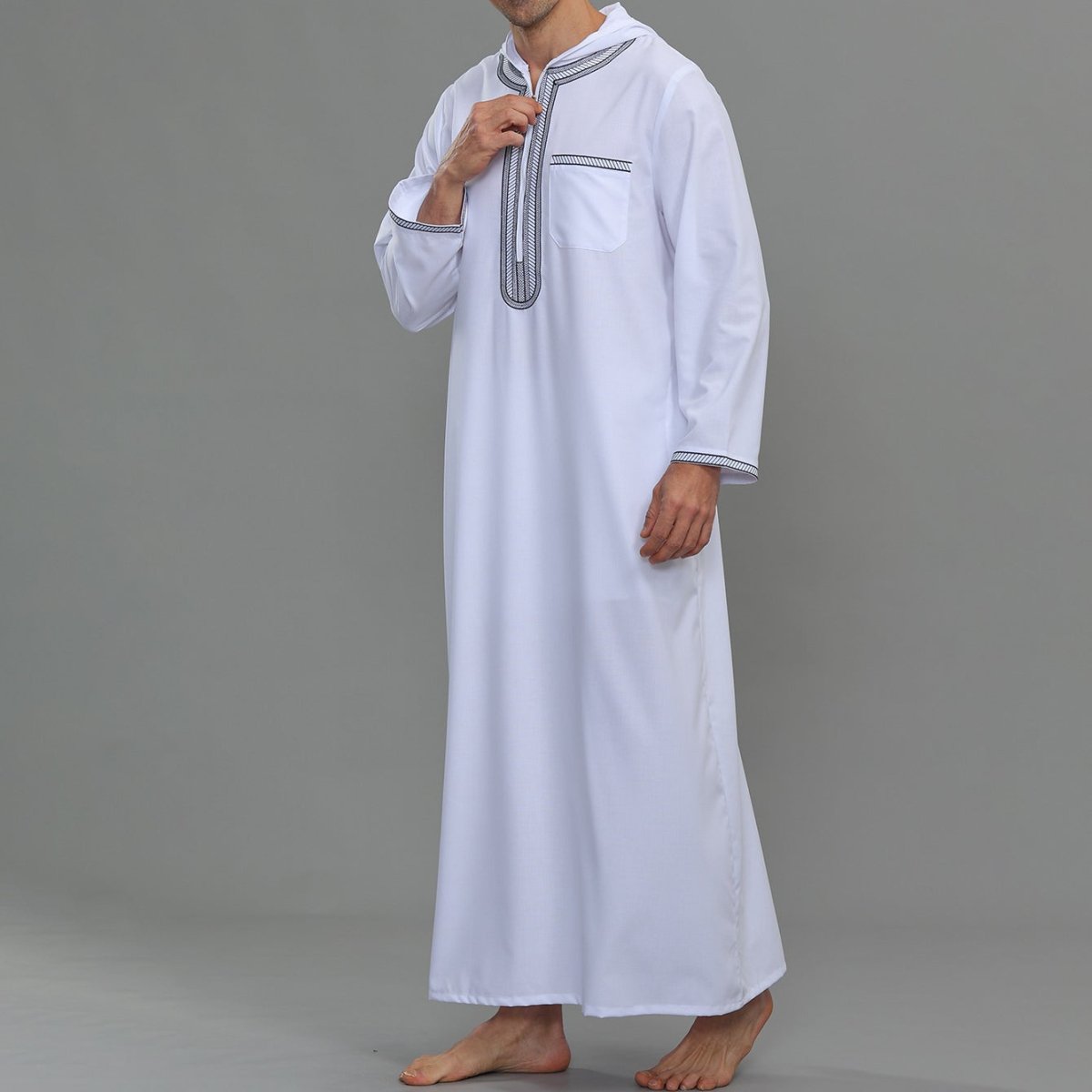 Men's Hooded Embroidered Thobe with Pockets (MT037) - Mariam's Collection