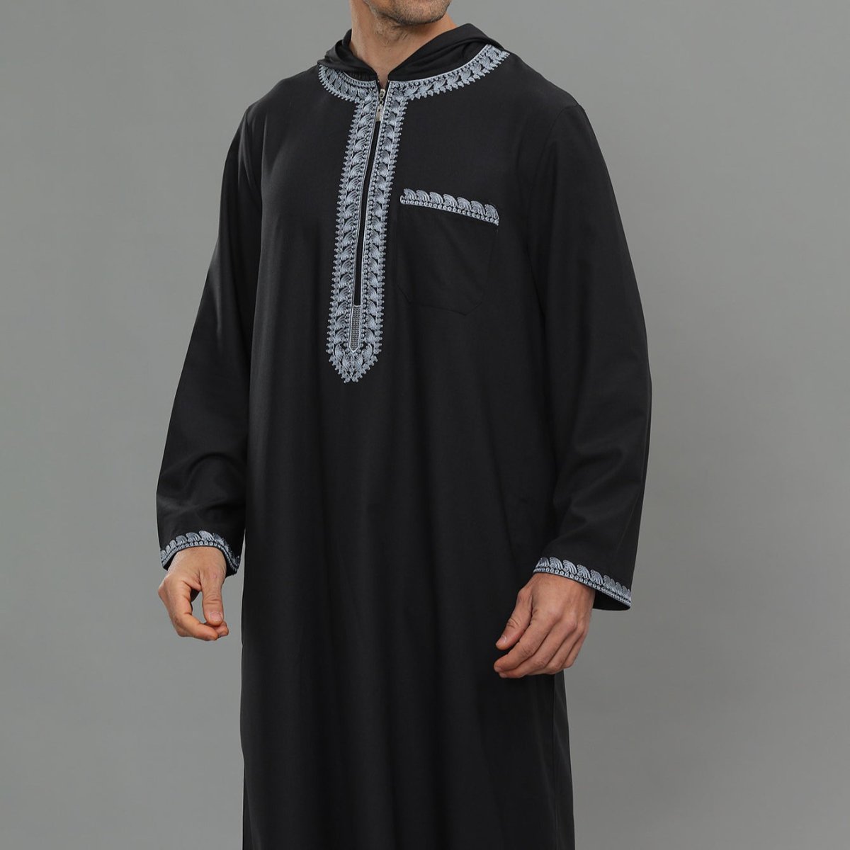 Men's Hooded Embroidered Thobe with Pockets (MT037) - Mariam's Collection