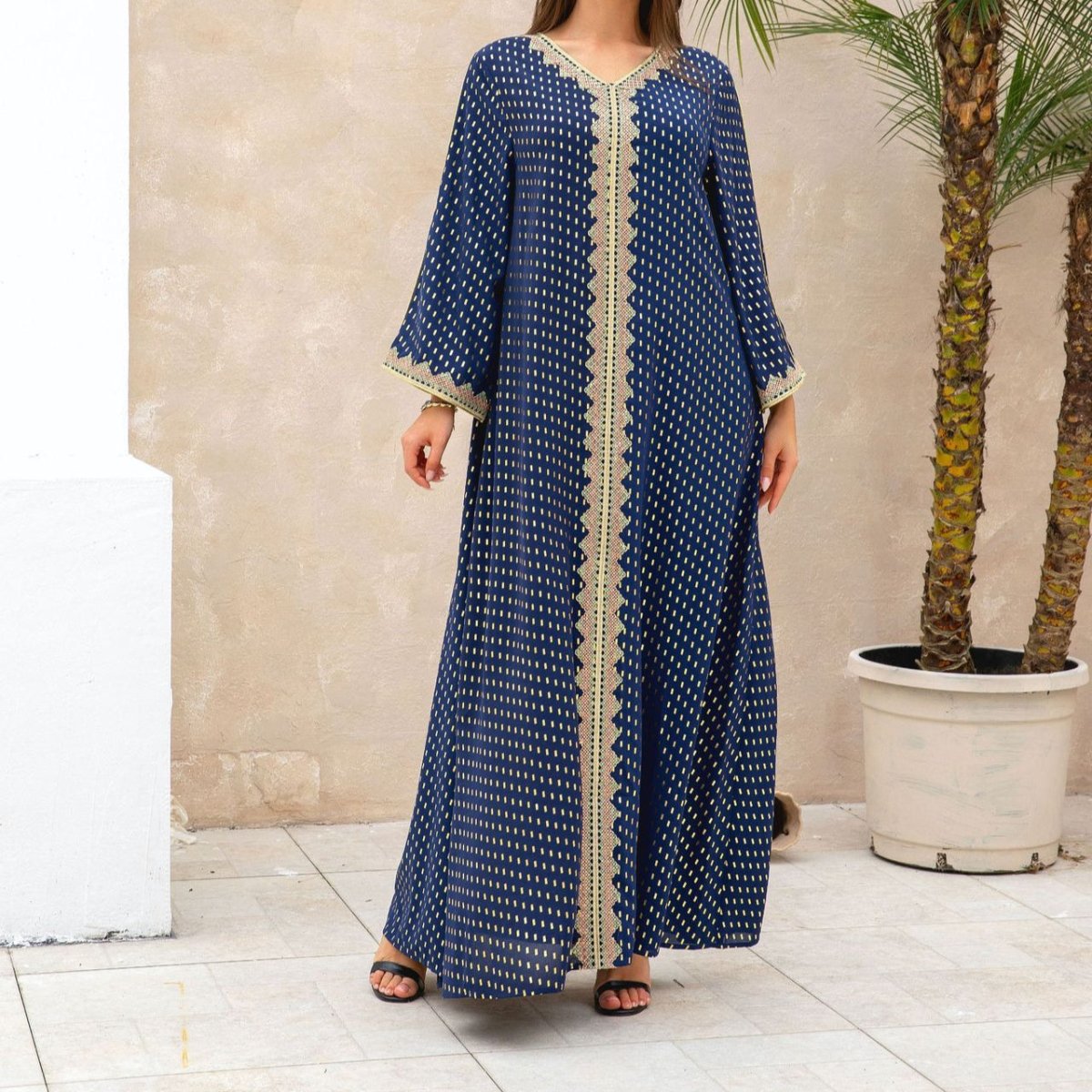 Metallic Embroidered Lace Trim Abaya