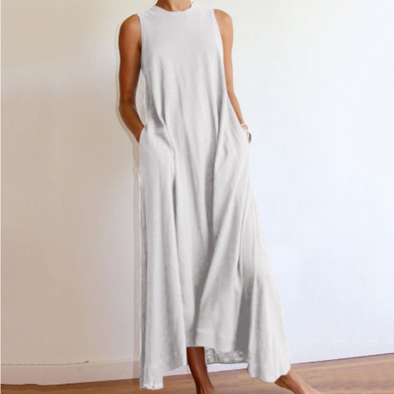 Sleeveless Silk Maxi Dress with Pockets | A-Line Silk Maxi Dress With No Sleeves