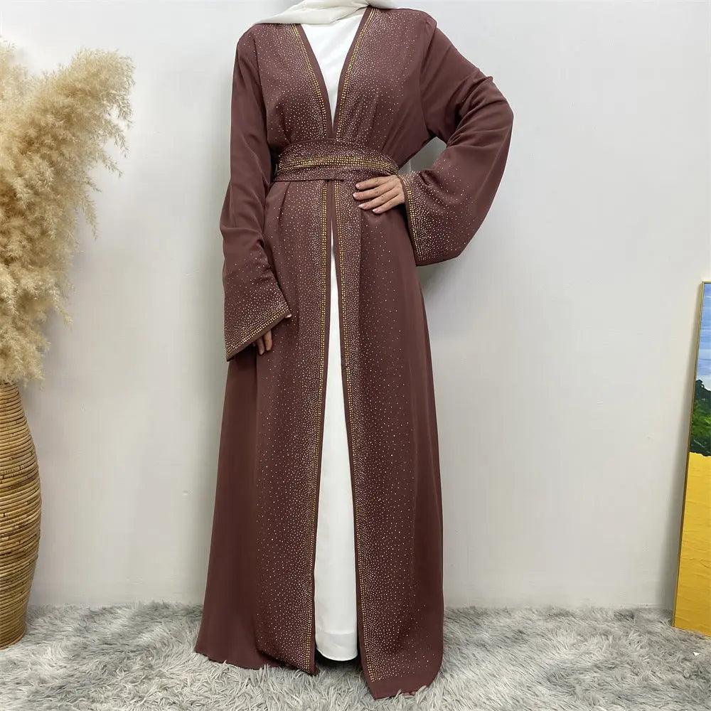 Rhinestones Open Abaya With Side Pockets