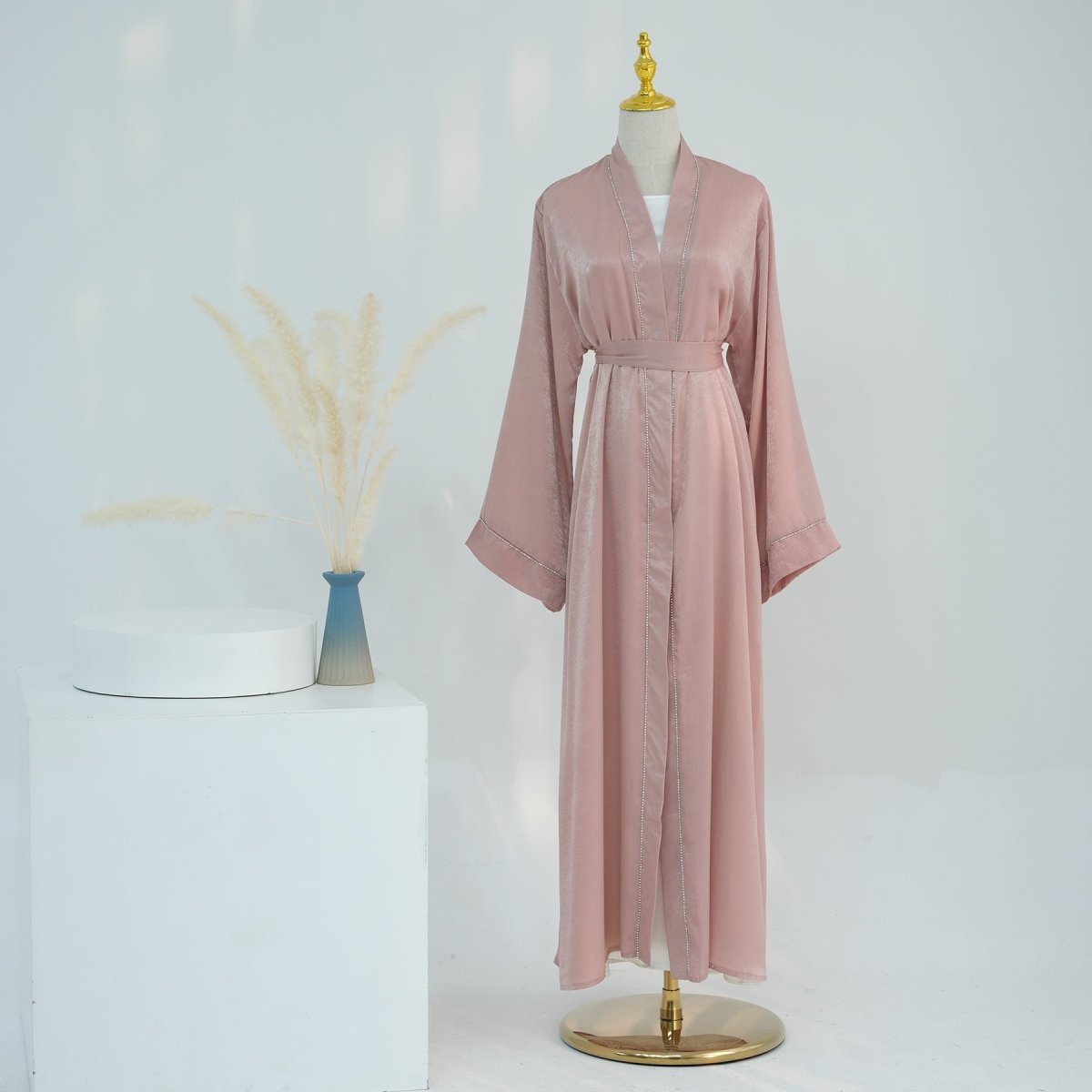 MOA055 Solid Colour Trimmed Abaya Cardigan 3 - Piece Set - Mariam's Collection