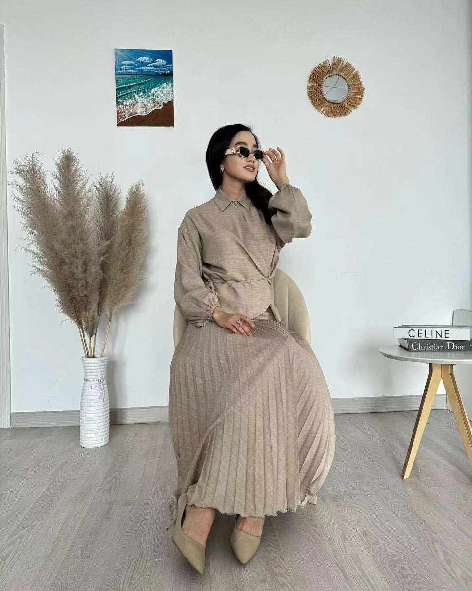 Modest Cross - Wrap Top with Matching Maxi Skirt Pleated Skirt Suit Set. (MS092) - Mariam's Collection