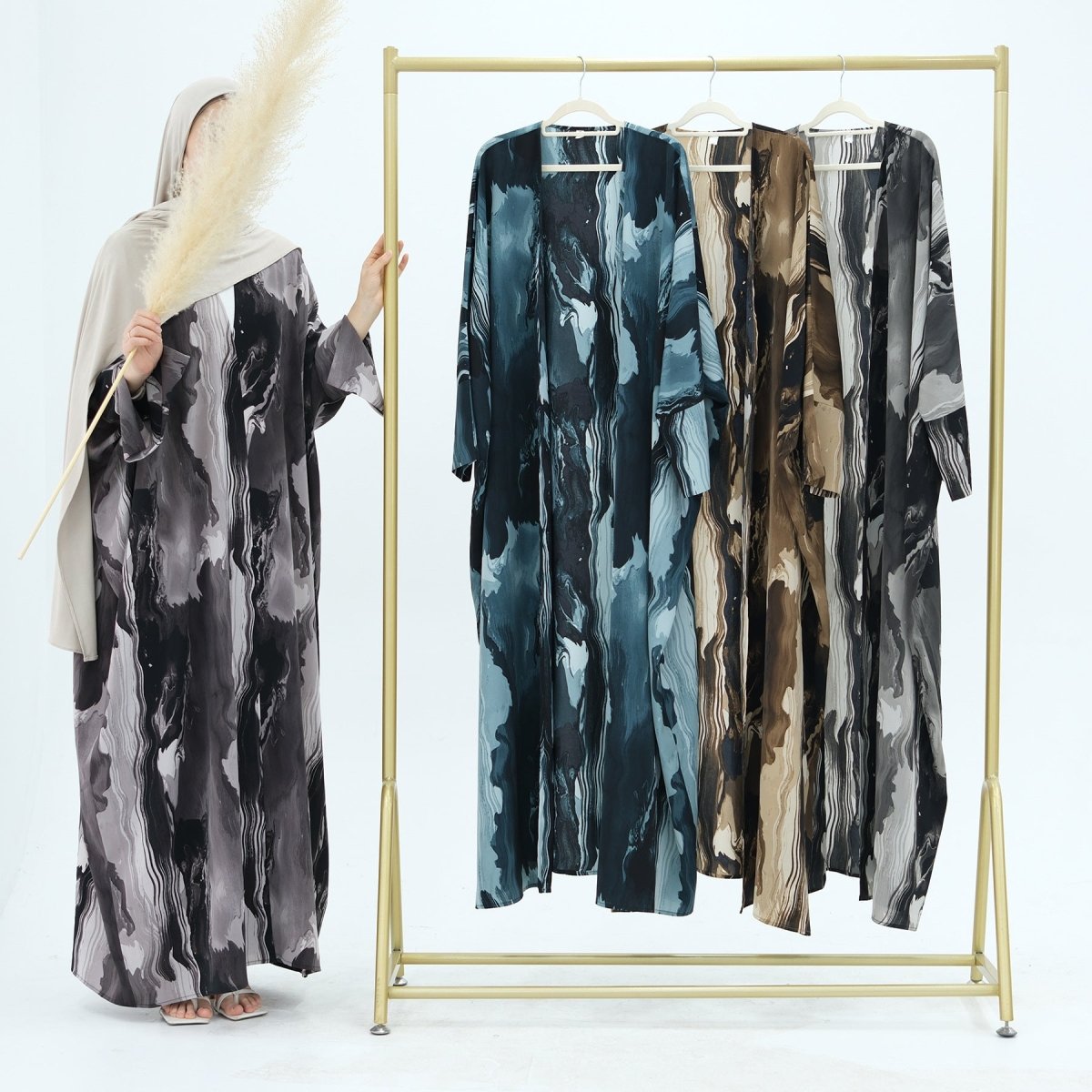 Modest Islamic Fashion Artistic Floral Geometric Designs Elegant Printed Cardigan Abaya. (MOA154) - Mariam's Collection