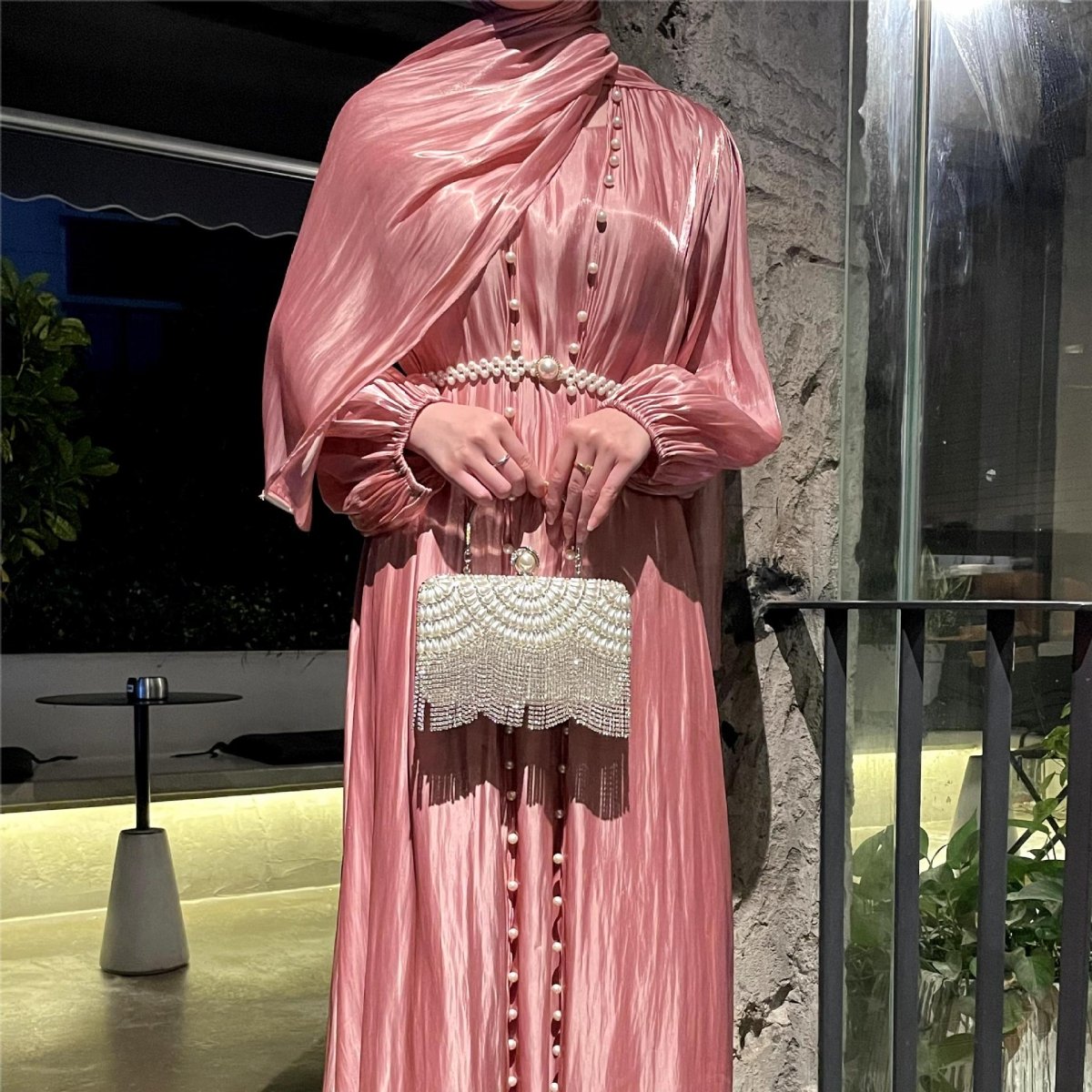 Modest Luxe Pearl - Embellished Streamer Evening Abaya Dress (MOA149) - Mariam's Collection