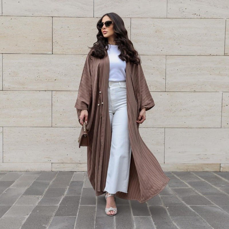 Modest Pleated Striped Abaya Cardigan Robe | V - Neck Bat Sleeve Kimono Cover - Up With Pearl Button(MOA226) - Mariam's Collection