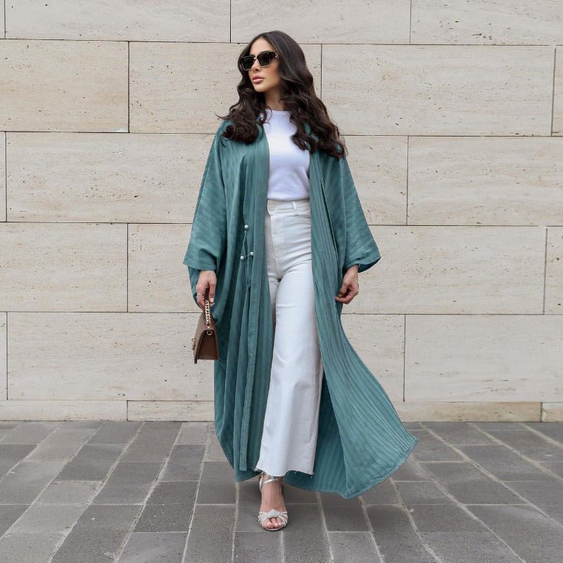 Modest Pleated Striped Abaya Cardigan Robe | V - Neck Bat Sleeve Kimono Cover - Up With Pearl Button(MOA226) - Mariam's Collection