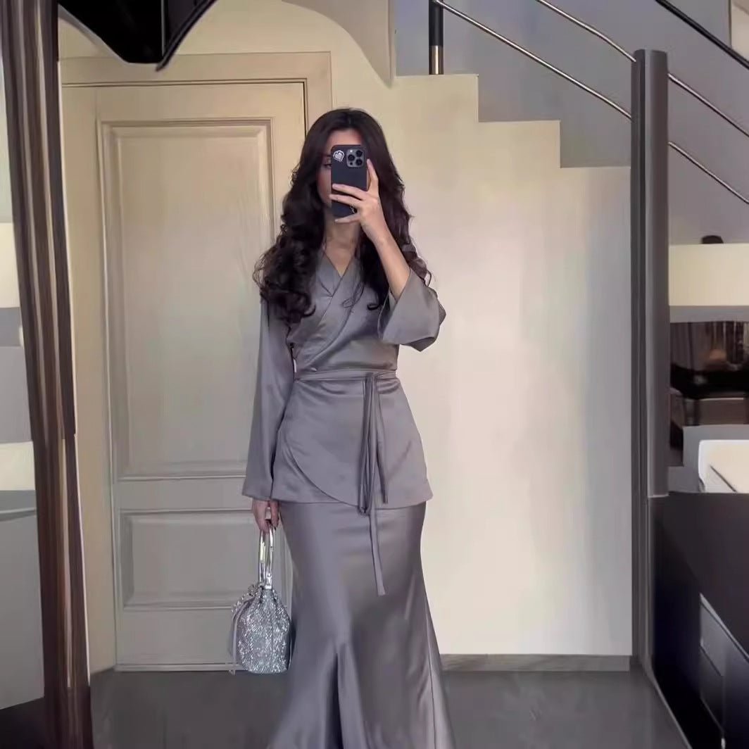 Modest Two - Piece Set Elegant Grey Satin Splicing Waist Abaya Dress Suit (MA206) - Mariam's Collection