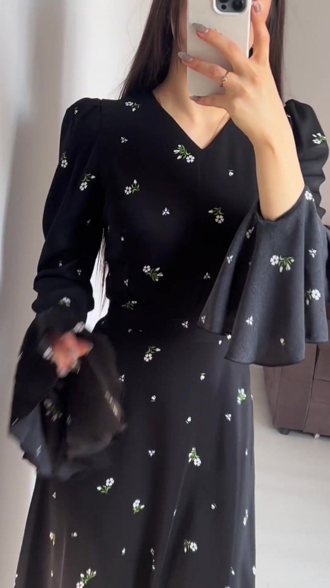 Modest V - Neck Boho Chiffon Black Floral Abaya Dress with Lotus Sleeve Flared Bell Sleeves. (MA202) - Mariam's Collection