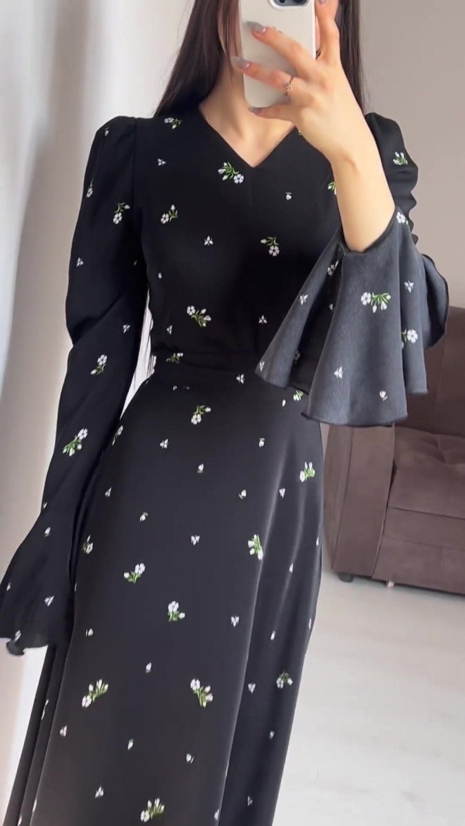 Modest V - Neck Boho Chiffon Black Floral Abaya Dress with Lotus Sleeve Flared Bell Sleeves. (MA202) - Mariam's Collection