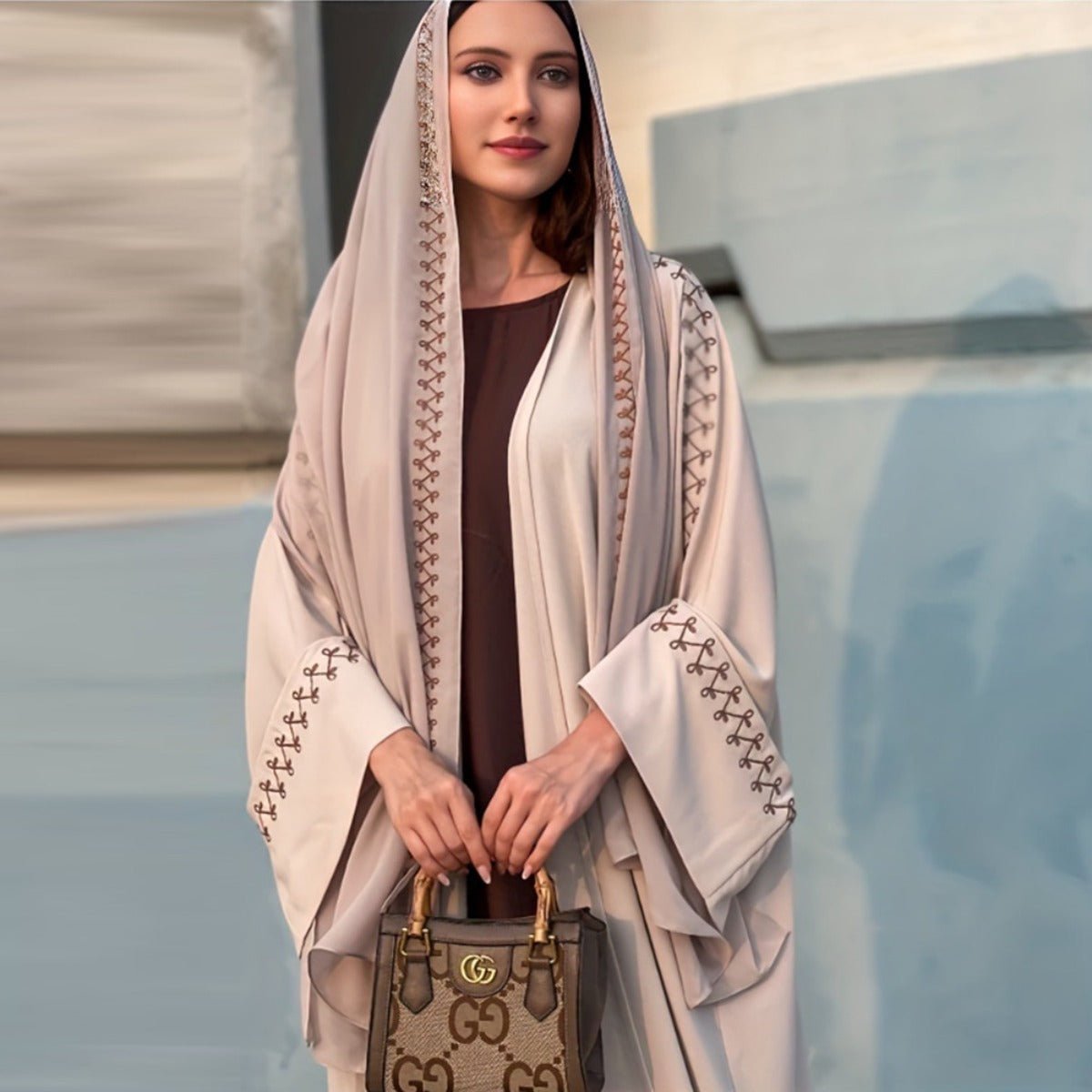 Moonlight Embroidered Abaya Set | Batwing Sleeve Robe with Matching Hijab. (MOA183) - Mariam's Collection