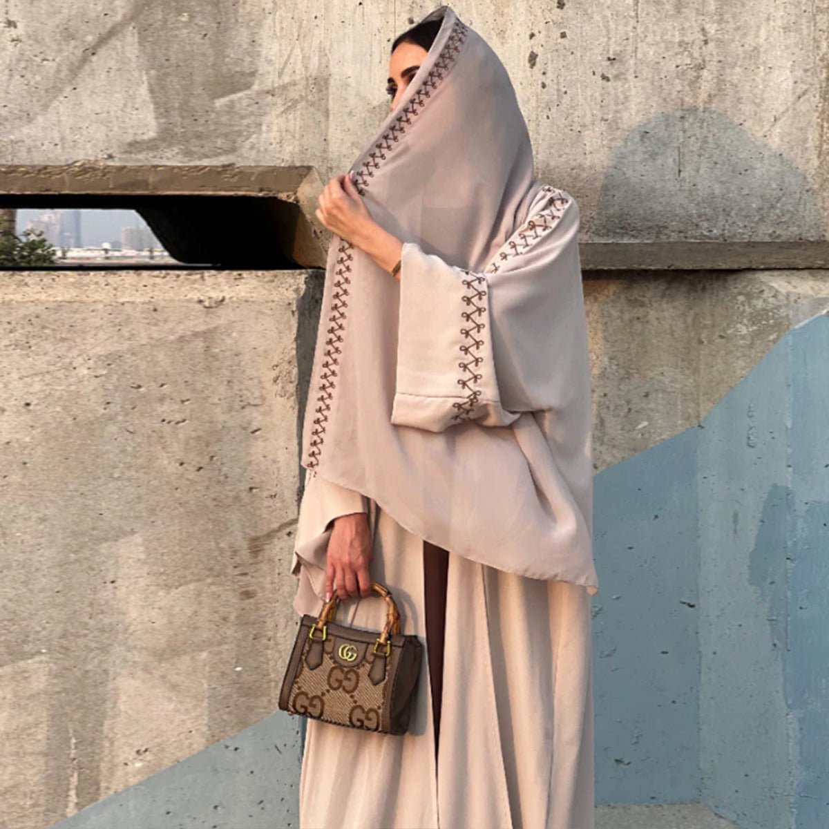 Moonlight Embroidered Abaya Set | Batwing Sleeve Robe with Matching Hijab. (MOA183) - Mariam's Collection