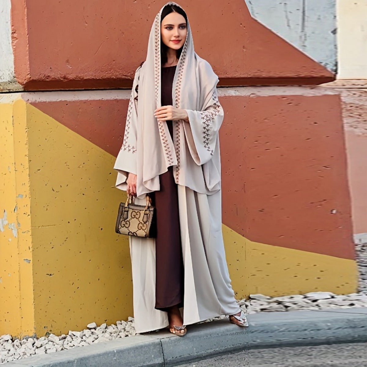 Moonlight Embroidered Abaya Set | Batwing Sleeve Robe with Matching Hijab. (MOA183) - Mariam's Collection