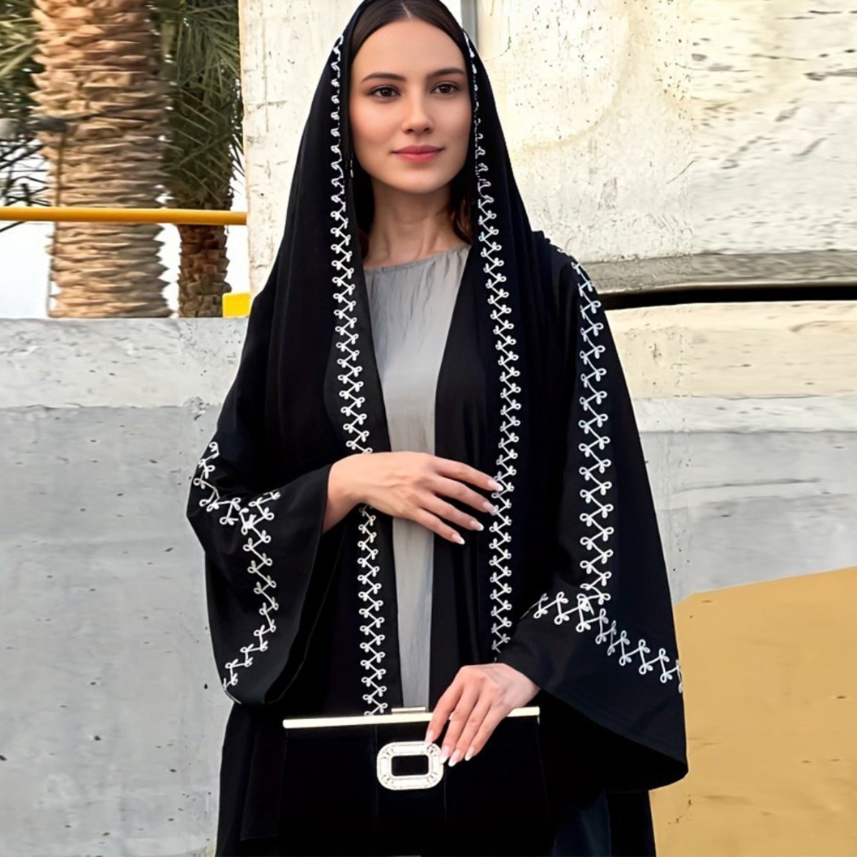 Moonlight Embroidered Abaya Set | Batwing Sleeve Robe with Matching Hijab. (MOA183) - Mariam's Collection
