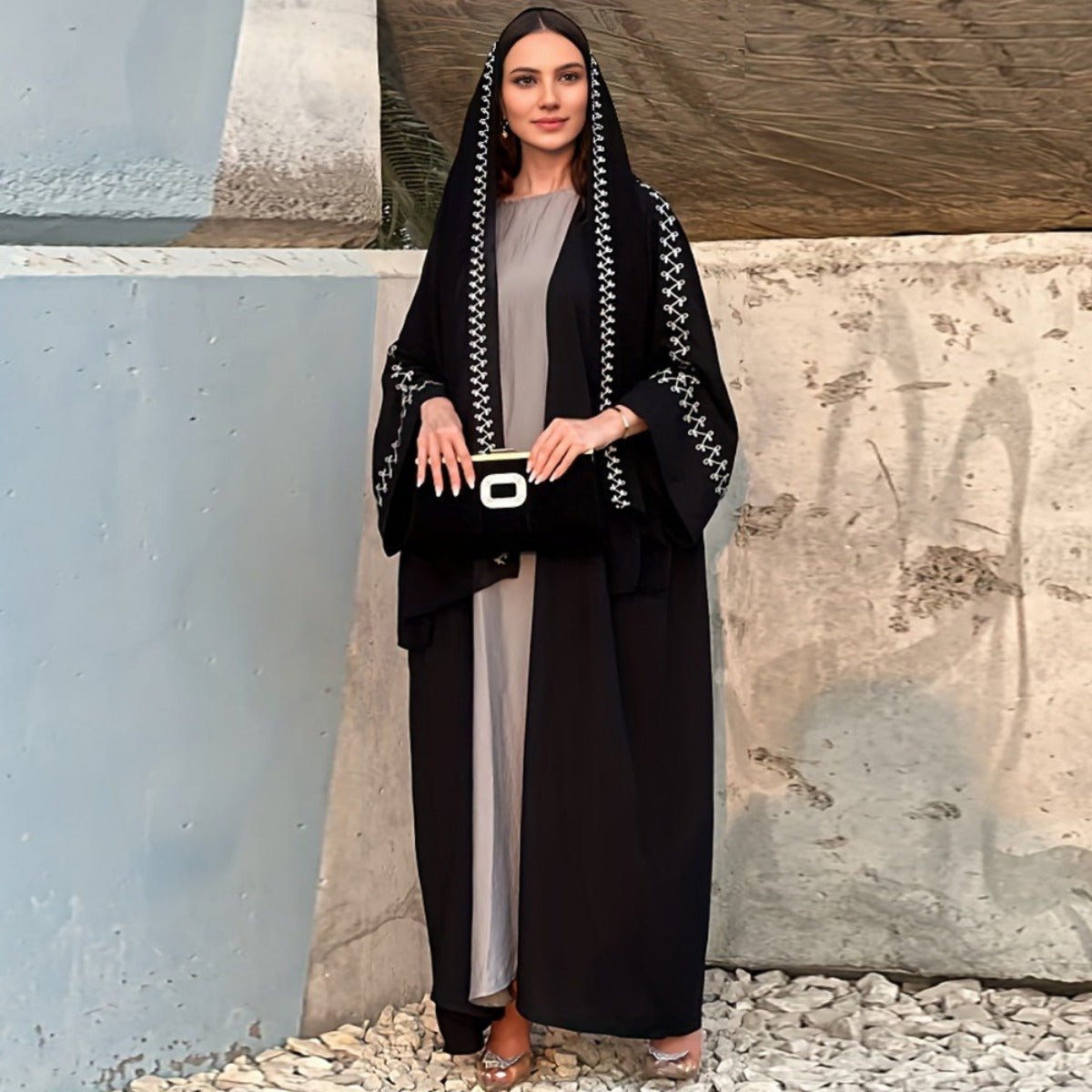 Moonlight Embroidered Abaya Set | Batwing Sleeve Robe with Matching Hijab. (MOA183) - Mariam's Collection