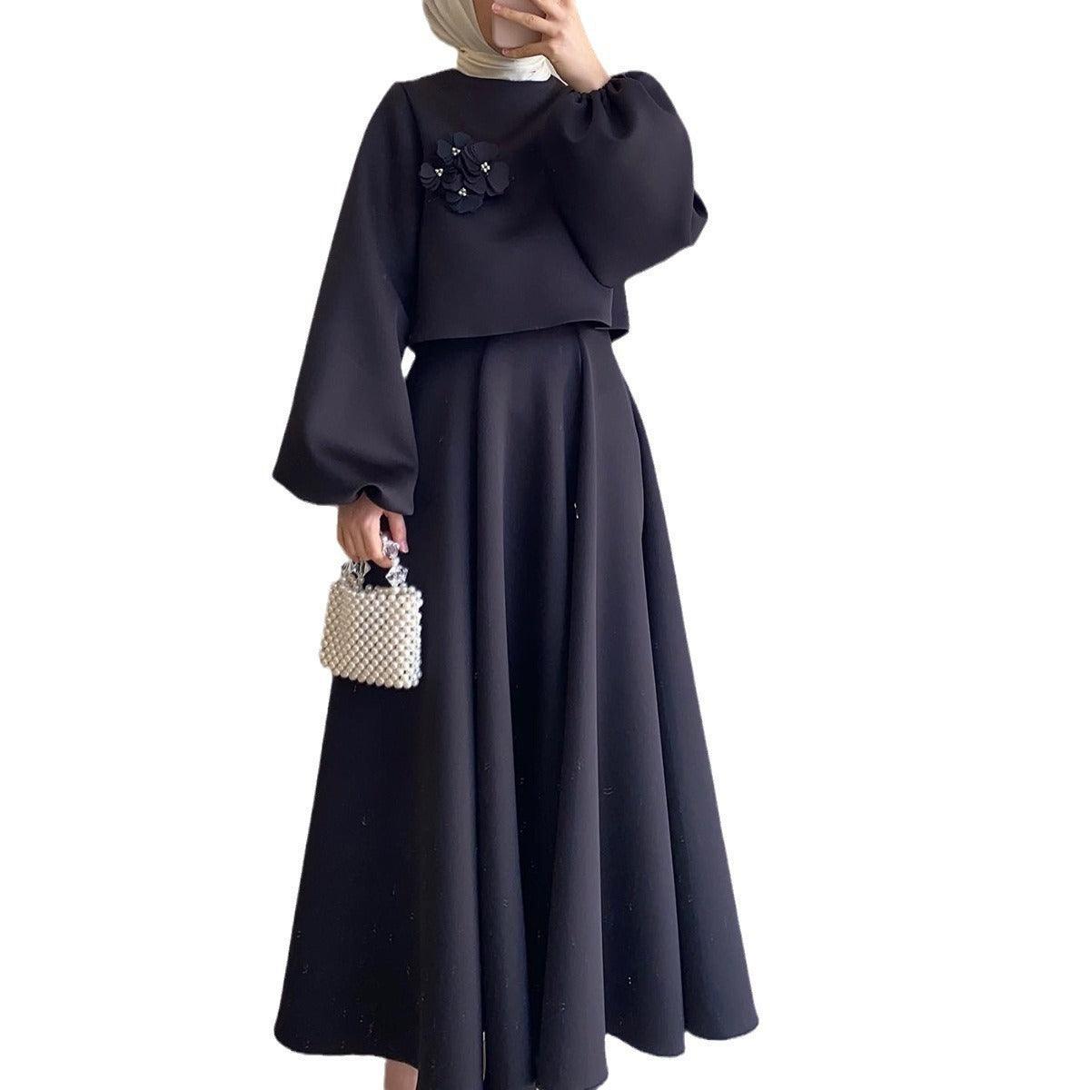 MS023 Floral Lantern Sleeve Loose Dress Women's Skirt Two-Piece Set - Mariam's Collection