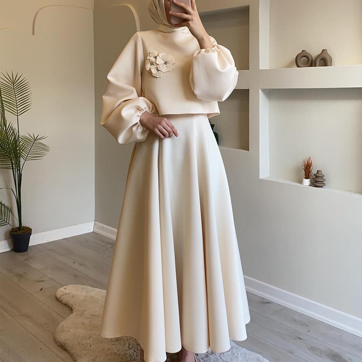 MS023 Floral Lantern Sleeve Loose Dress Women's Skirt Two-Piece Set - Mariam's Collection
