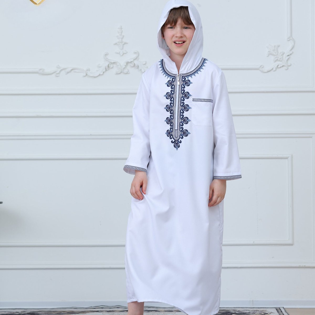 Muslim Boys Embroidered Hooded Thobe with Pockets (MKB014) - Mariam's Collection
