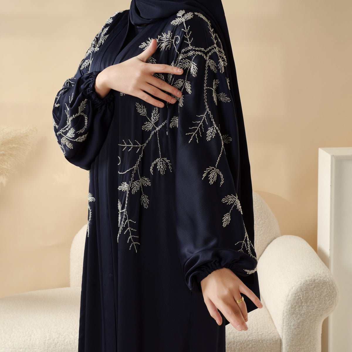 Navy Blue Pleated Abaya Set | Beaded Robe Abaya with Silver Embroidery (MOA168) - Mariam's Collection