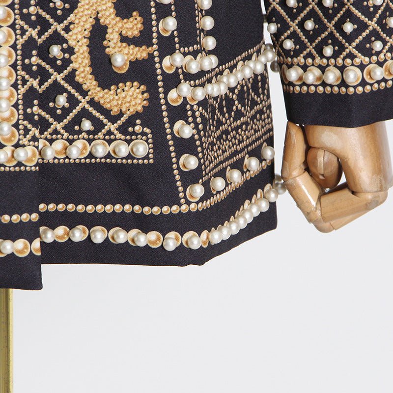 Pearl & Bead Embellished Vintage Blazer | Geometric Print Luxury Jacket(MS218) - Mariam's Collection