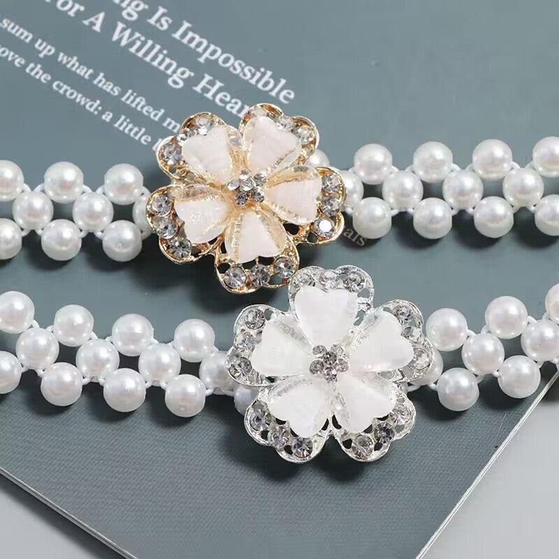Pearl Elastic Waist Belt | Rhinestone Flower Stretch Belt(MAC362) - Mariam's Collection
