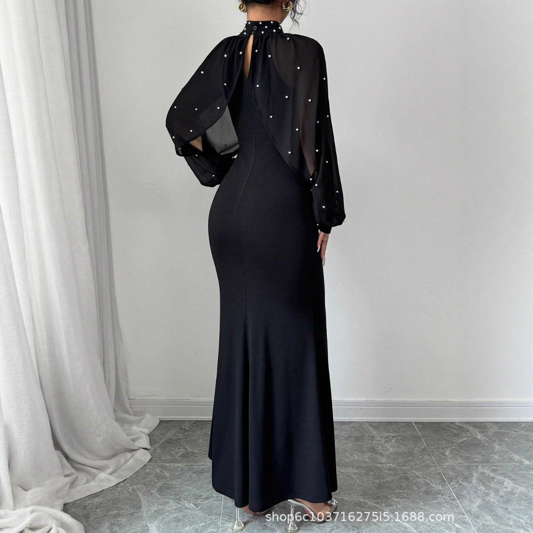 Pearl-Studded Sheer Puff Sleeve Dress – Formal Maxi Dress