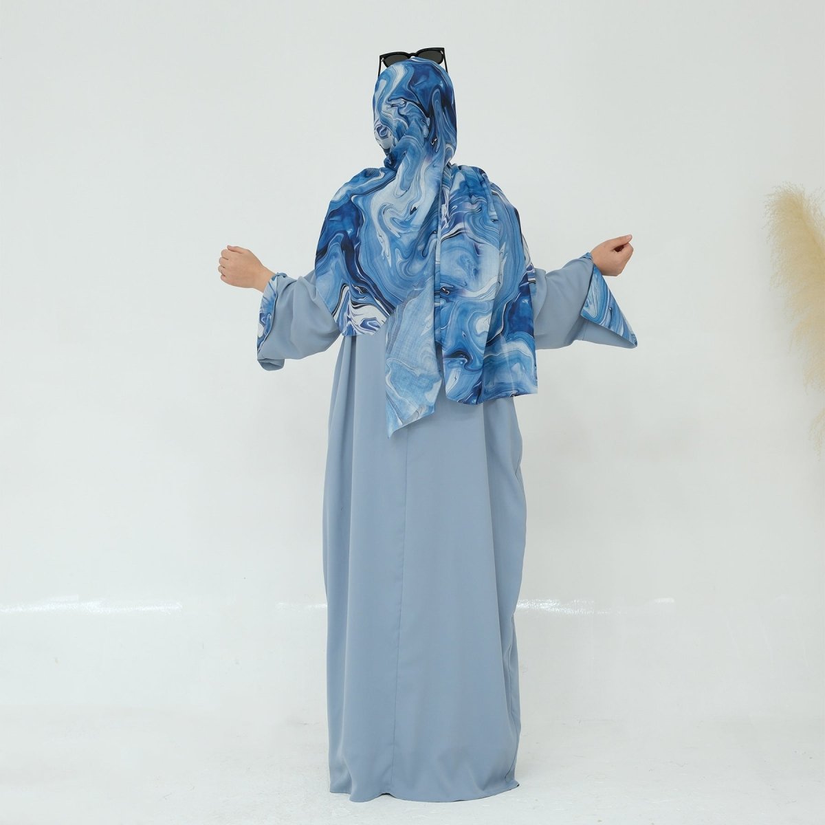 Printed Cuff Nida Abaya & Hijab Set | Relaxed Pocket Maxi Dress(MA360) - Mariam's Collection