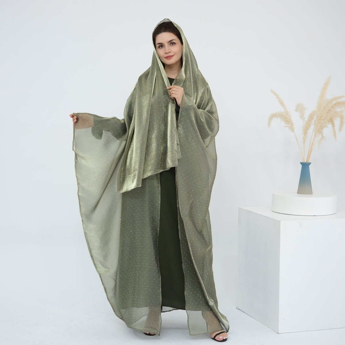 Rhinestone Ice Crinkle Batwing Sleeve Abaya Set(MOA237) - Mariam's Collection