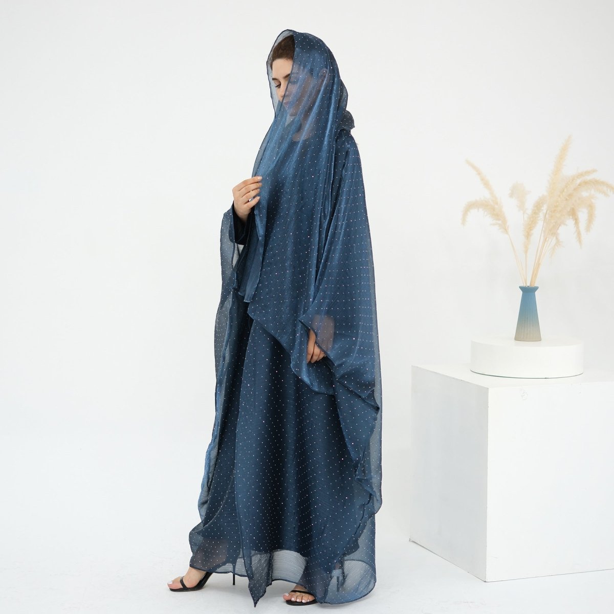 Rhinestone Ice Crinkle Batwing Sleeve Abaya Set(MOA237) - Mariam's Collection