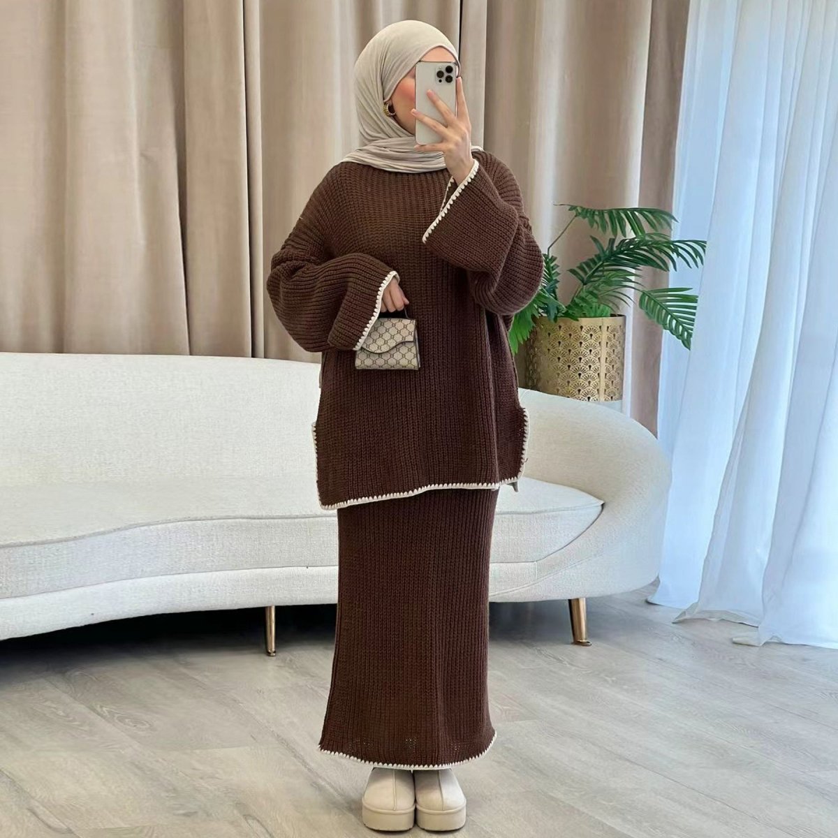 Ribbed Knit Sweater & Skirt Set with Contrast Trim(MS301) - Mariam's Collection