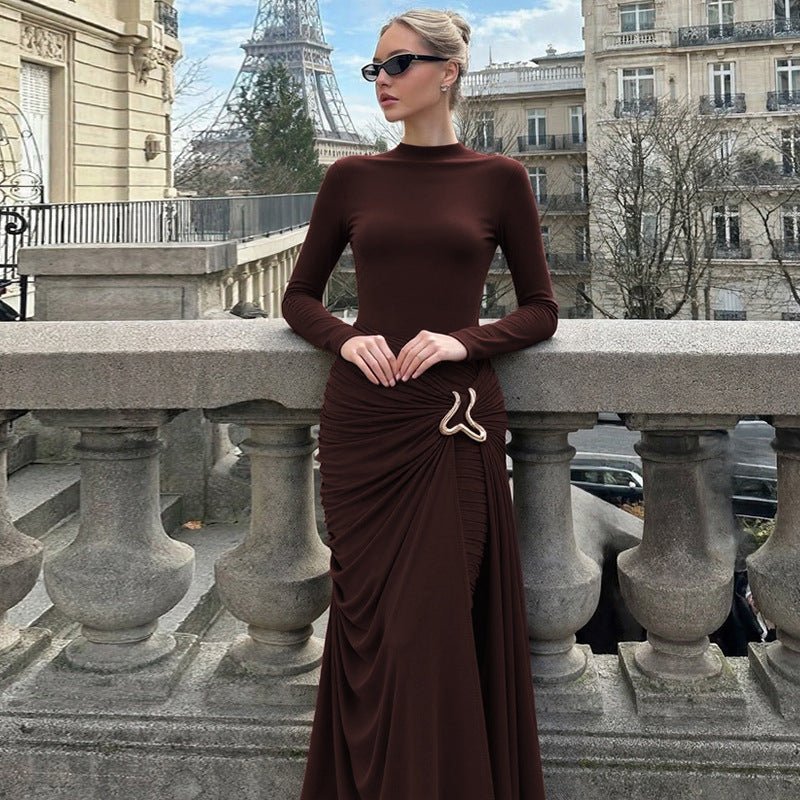 Ruched Bodycon Gown with Metal Hardware | High Neck Modal Maxi Dress(MS233) - Mariam's Collection