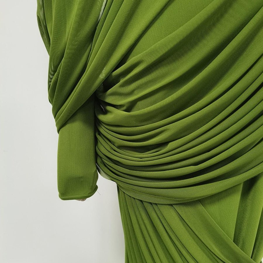Model wearing ruched high waist bodycon maxi dress styled for a formal evening event