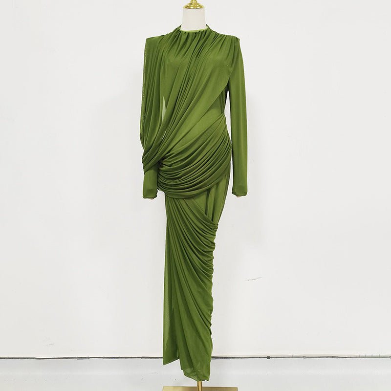 Front view of ruched high waist bodycon maxi dress showing diagonal ruching detail