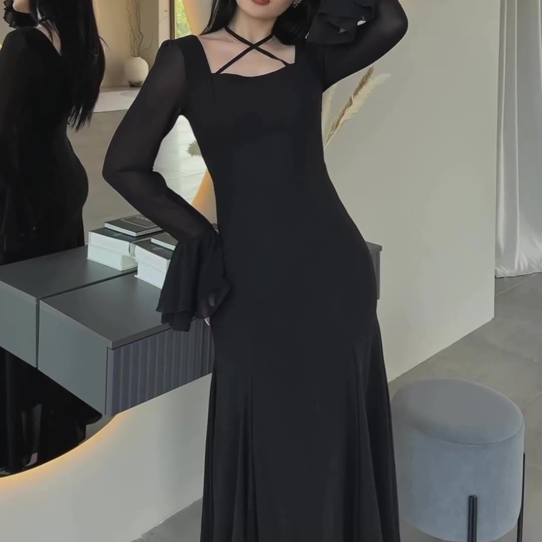 Side view of crisscross neckline abaya gown with tie waist belt