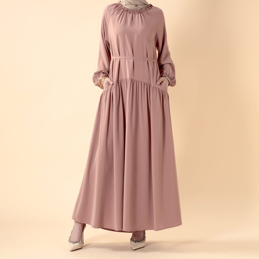 Ruffle Trim Pleated Relaxed Maxi Dress with Waist Tie(MA424) - Mariam's Collection
