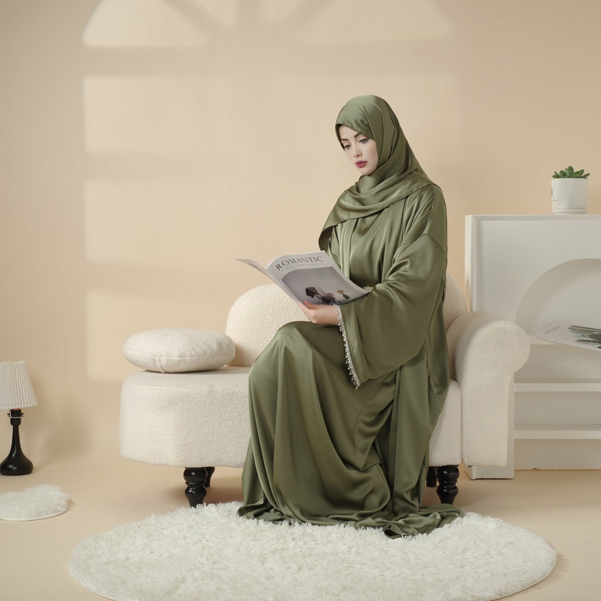 Satin Abaya With Matching Belt Made Of Diamond Tassel (MOA010) - Mariam's Collection