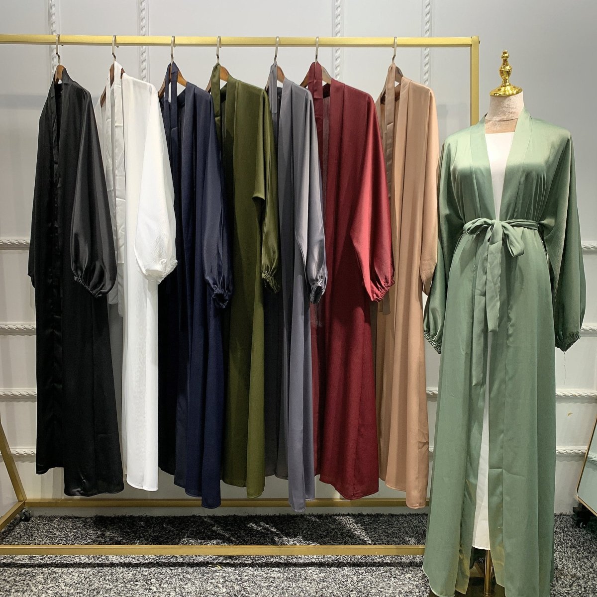 Satin Bunched Sleeve Open Abaya (MOA048) - Mariam's Collection