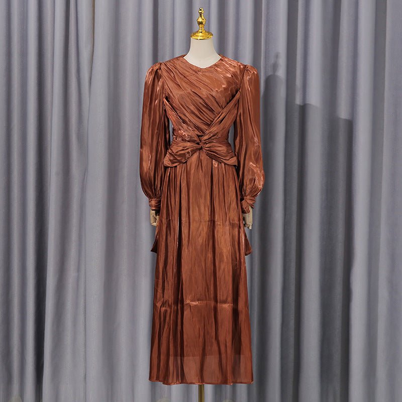 Satin Diagonal Pleat Dress – Bow Waist Pleated Abaya Gown