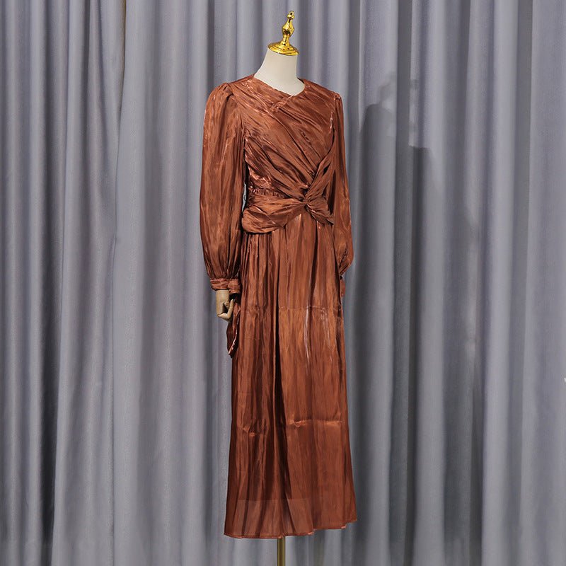 Satin Diagonal Pleat Dress – Bow Waist Pleated Abaya Gown