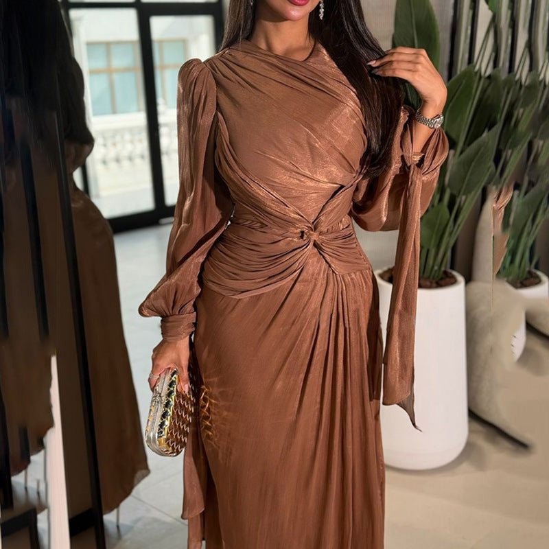 Satin Diagonal Pleat Dress – Bow Waist Pleated Abaya Gown