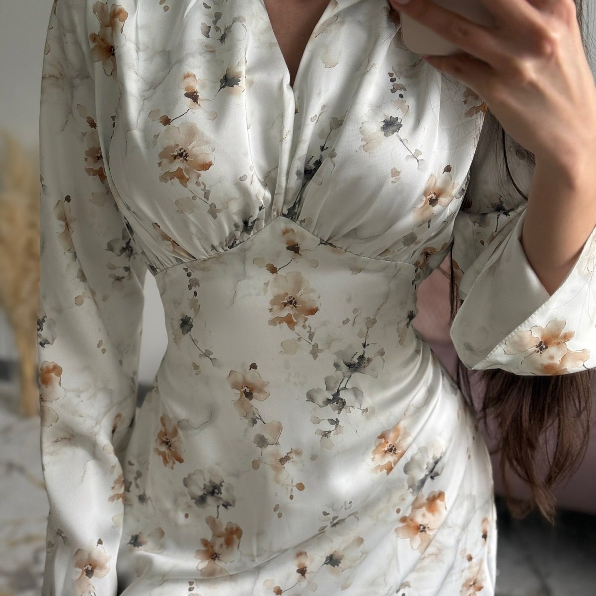 Satin Floral V-Neck Maxi Dress – Floral Print Satin Abaya