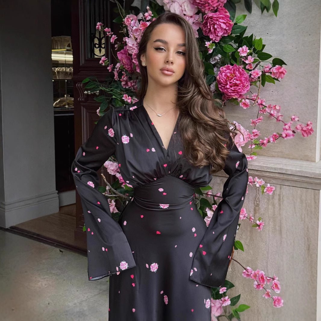 Satin Floral Print Wrap Dress – Floral Maxi Dress MS377