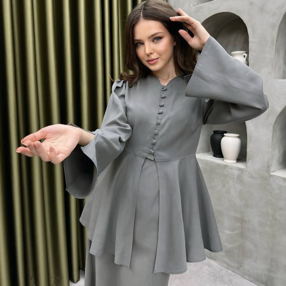 Satin Peplum Top & Skirt Set | Bell Sleeve Two - Piece Outfit(MS229) - Mariam's Collection