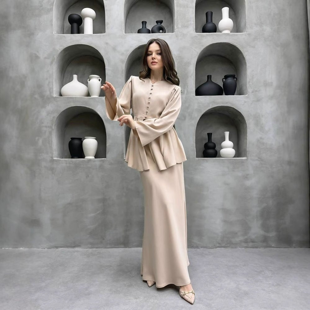 Satin Peplum Top & Skirt Set | Bell Sleeve Two - Piece Outfit(MS229) - Mariam's Collection