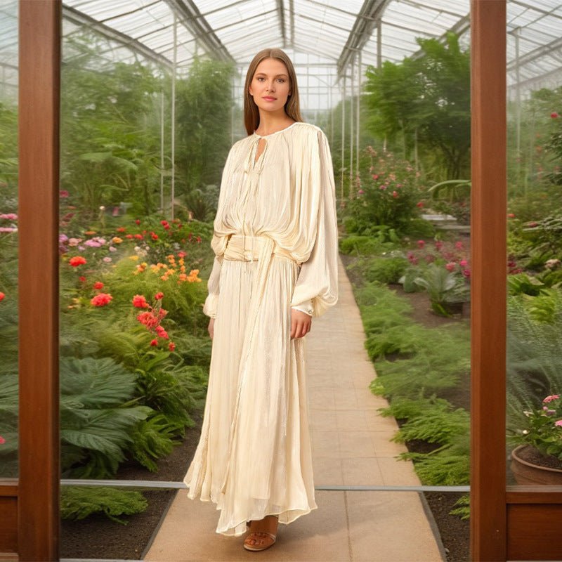 Satin Tie-Neck Blouson Dress – Luxury Satin Party Dress