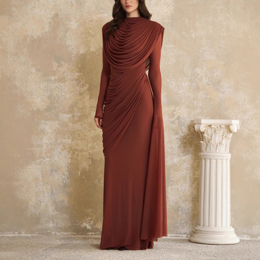 Sculptural Pleated Formal Dress – Cowl Neck Maxi Gown
