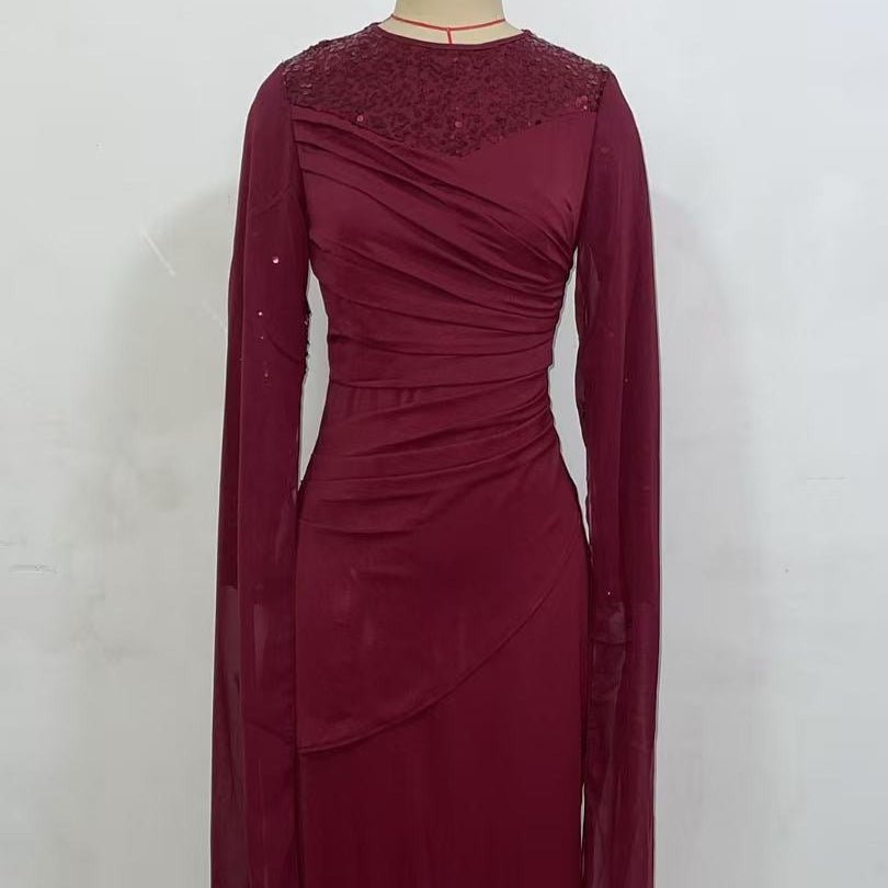 Sequin Embellished Formal Dress | Long Sleeve Ruched Bodycon Dress(MS272) - Mariam's Collection