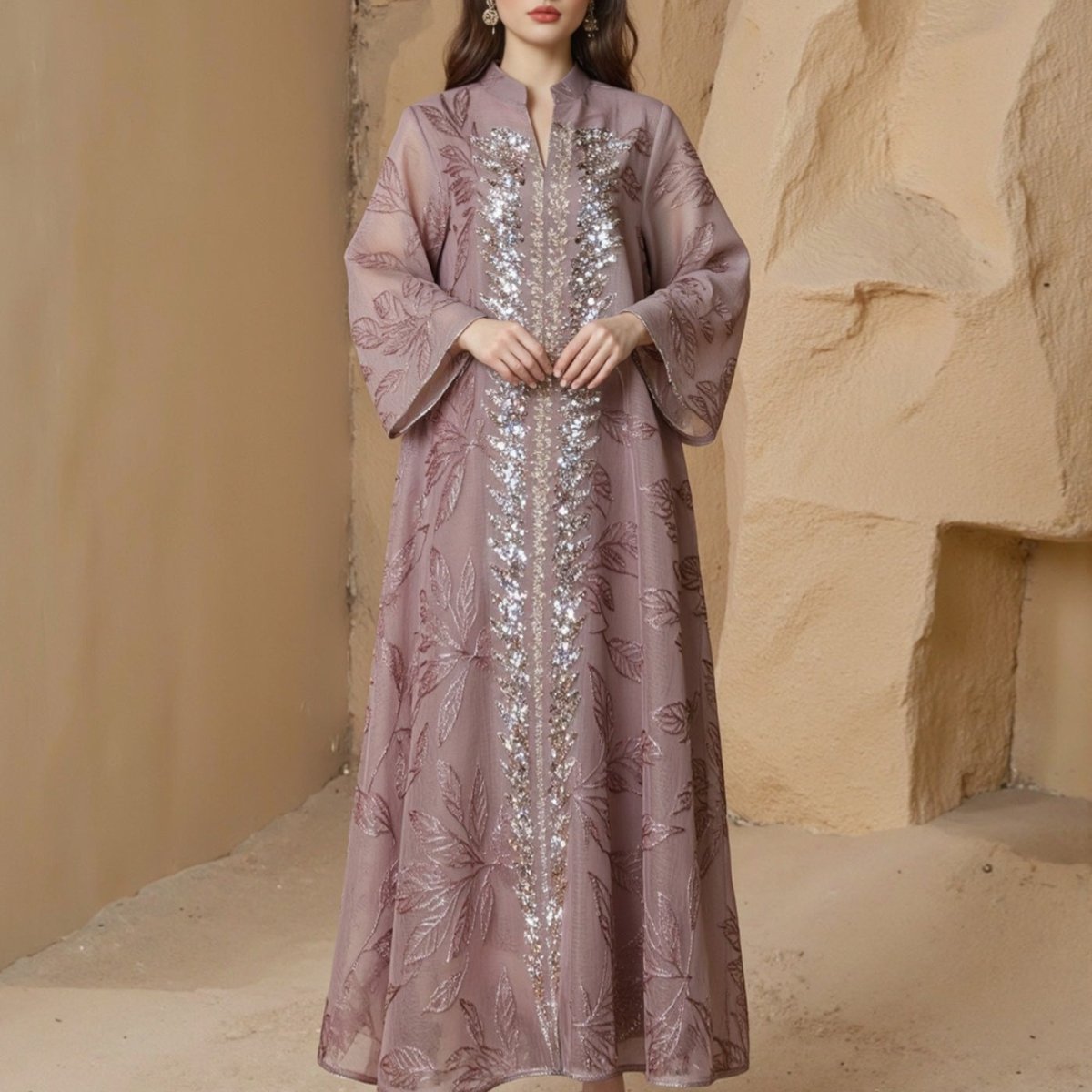 Sequin Embroidered Mesh Abaya — Sparkling Modest Evening Gown